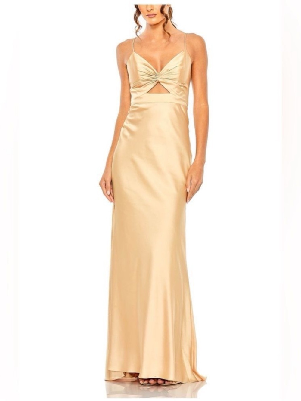 Mac Duggal Champagne Gold Twist-Front Cut Out Maxi Gown Dress Size 6 NEW 68347